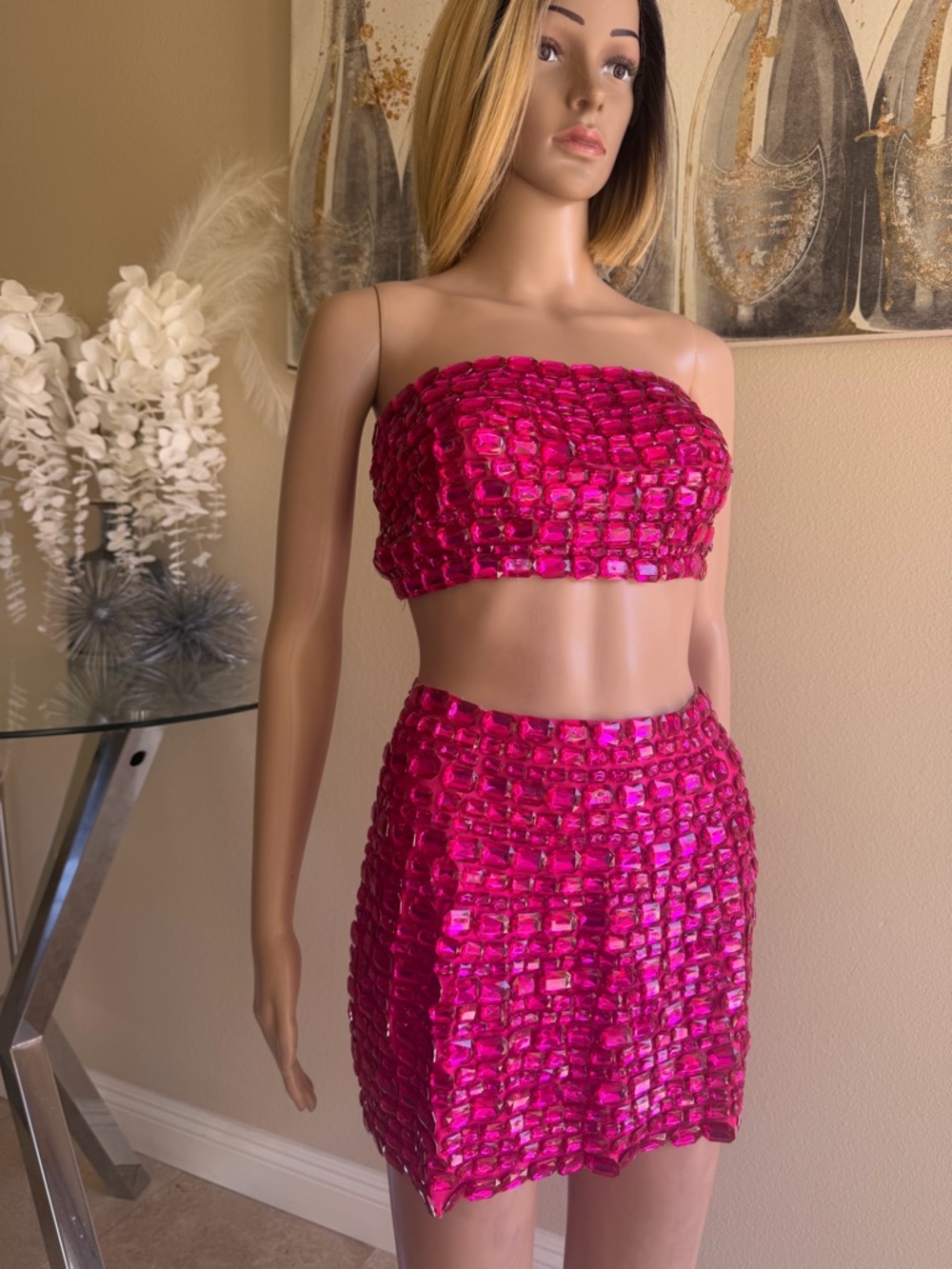 Fuchsia Sequin Mini Dress Set - Strapless Crop Top & Skirt
